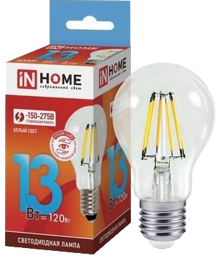 ASD/InHome лампа св/д Deco ЛОН A60 E27 13W(1170lm) 4000К 4K 107x60 филамент (нитевидная) прозр. 5604