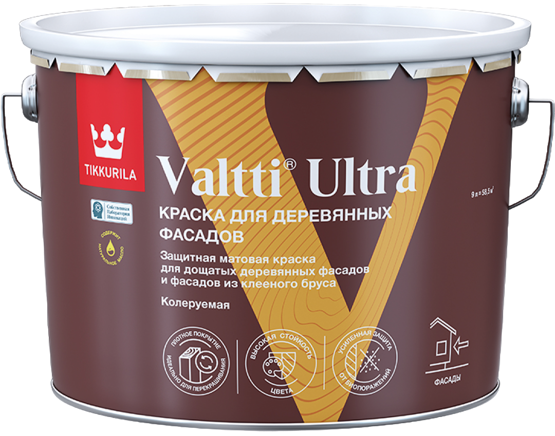 ТИ Краска для дощатых деревянных фасадов и клеёного бруса (m) "VALTTI ULTRA", БАЗА А, 9 л., 7-9м2/л.