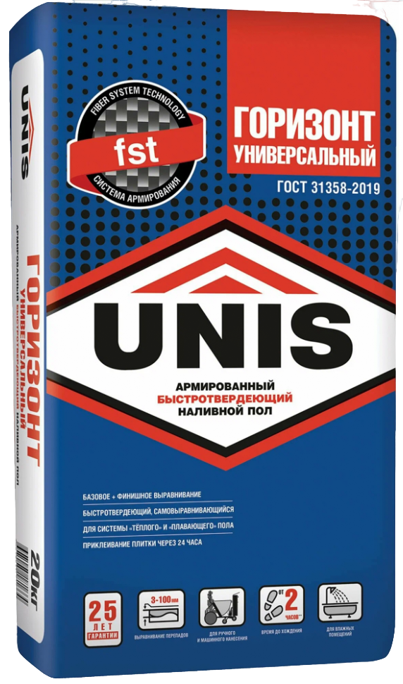 Наливной пол армированный быстротвердеющий "UNIS ГОРИЗОНТ УНИВЕРСАЛЬНЫЙ", 20 кг.